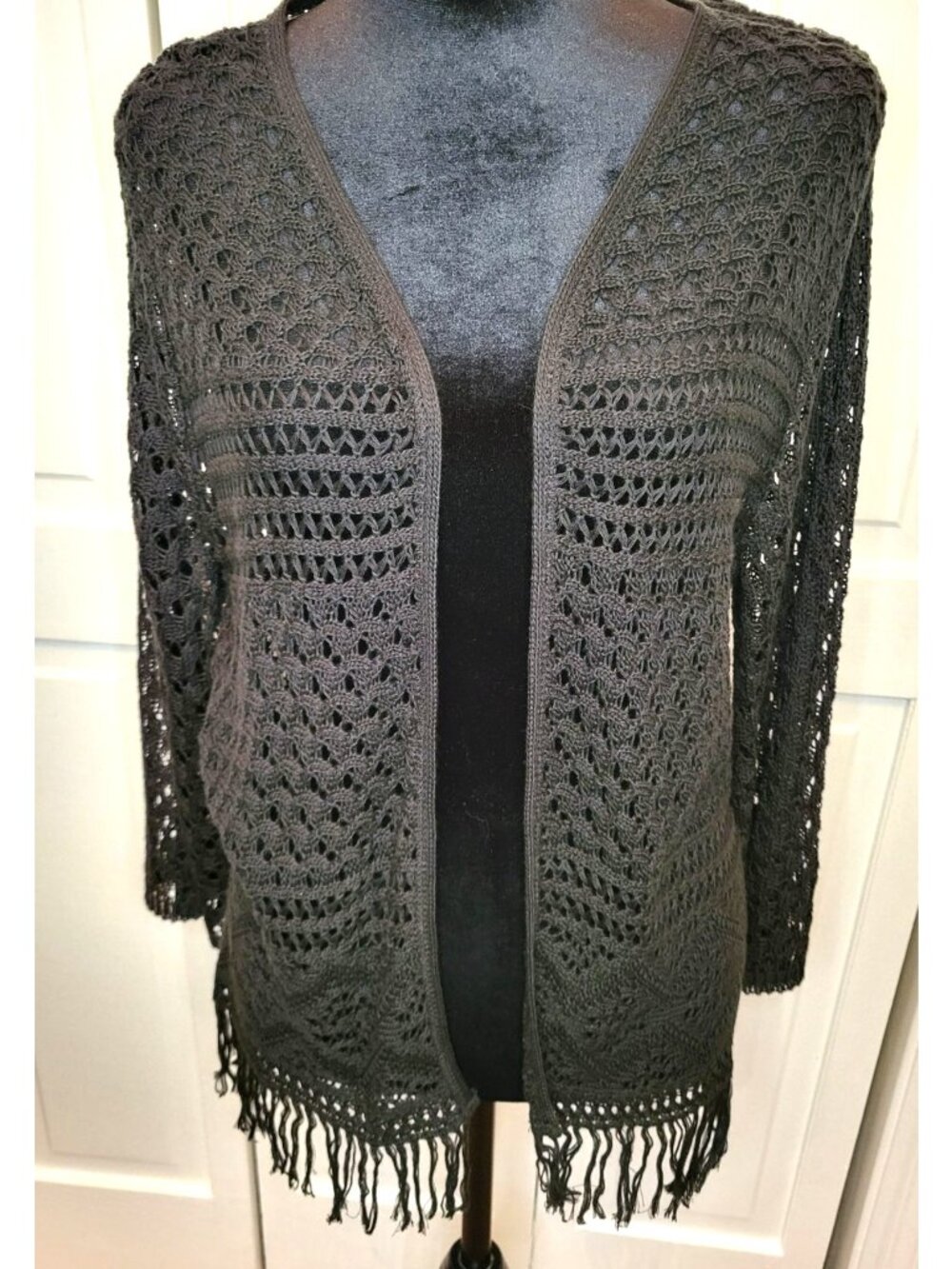 Vintage Y2K Faded Glory Black Crochet Open Cardigan Fringe L Boho Whimsygoth